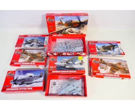 Airfix - Seven boxed Airfix plastic model aircraft kits in 1:72 scale. Lot includes Airfix AO3032 Fairey Battle; AO2017 Super