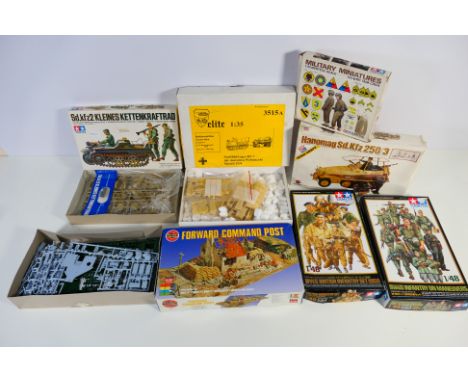 Tamiya - Airfix - Nitto Kagaku - Elite - A group of boxed plastic and resin military model kits in various scales. Lot includ