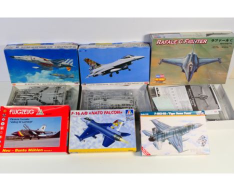 Hobby Boss - Hasegawa - Italeri - Mister Craft - Six boxed predominately 1:72 scale plastic miliary aircraft model kits. Lot 