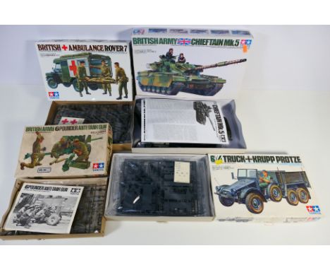 Tamiya - Four boxed 1:35 scale plastic military model kits from Tamiya. Lot consists of Tamiya #35068 Chieftain Mk.5 British 