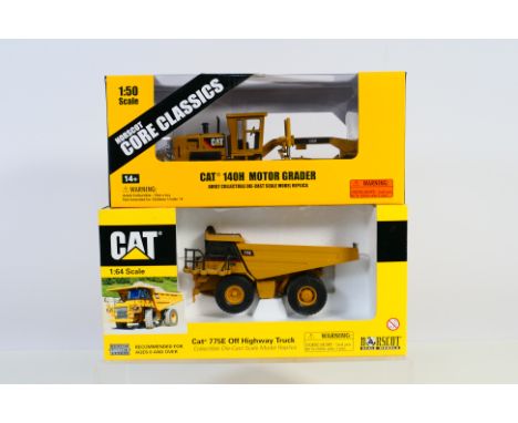 Norscot - 2 x boxed construction vehicle sets, a Cat 775E off highway truck in 1:64 scale and a Cat 140H motor grader in 1:50
