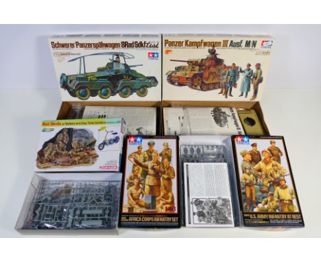 Tamiya - Dragon - Five boxed plastic military vehicle and soldier model kits in 1:35 and 1:48 scales. Lot includes Tamiya MM1