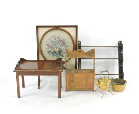 Two sets of Victorian wall shelves, fire screen, a tray top table, spirit kettle, and jam pan