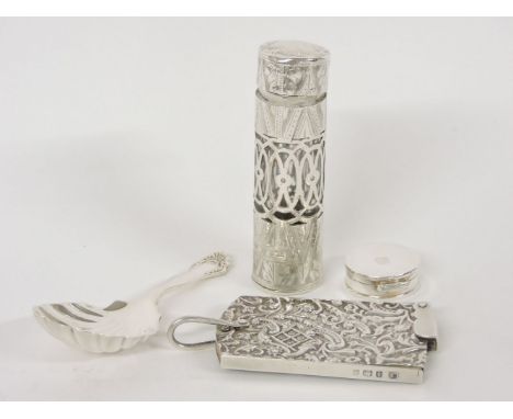 A Mappin & Webb silver caddy spoon, a glass jar in a silver holder, a note book, and a tiny circular box