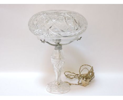 A cut glass table lamp, circa 1920s, with cut glass mushroom shaped shade