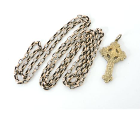 A gold belcher link guard chain, tested as approximately 9ct gold, together with a gold Celtic cross with chased and engraved