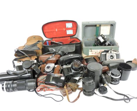 A quantity of cameras and equipment, and a MkII Astro compass