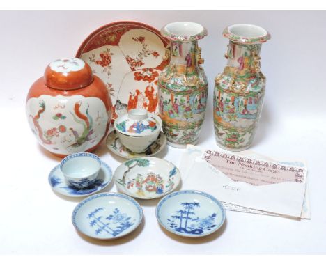 A Nanking cargo tea bowl and saucer, a pair of Nanking saucers all with original certificates, a pair of famille vert vases, 
