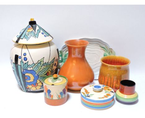 A Phoenix ware 'Syrian' vase and cover, a Clarice Cliff Spring Crocus preserve pot and cover, a Royal Lancastrian uranium ora