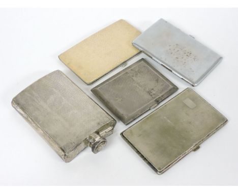 A silver engine turned hip flask, 15cm, two silver cigarette cases, a shagreen mounted case, and a metal chrome case, 17oz