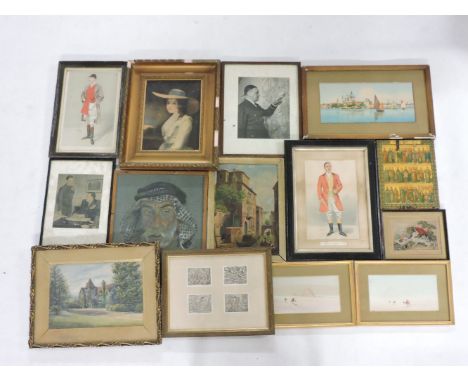 E Benvenuti, Venetian watercolour, two Spy prints, after Gainsborough, a portrait of a lady, a needlework, 'The Cat's Paw', a