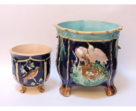 A large Thomas Forrester attributed majolica planter, and a small majolica jardinière, 31.5cm and 20cm high