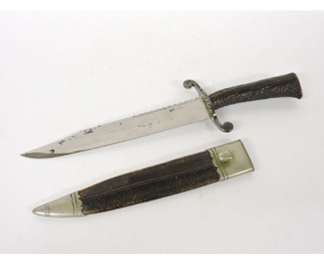 A 19th century Bowie knife, with horn handle in leather scabbard, 38cm long, blade stamped 'London'