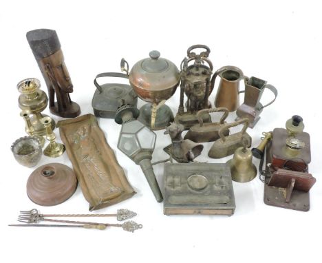 A quantity of copper, brass and other metal items, including an old coach lamp, a samovar, a brass and wooden wall phone, a c