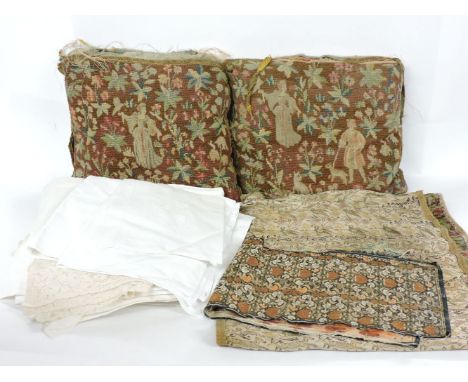An assortment of vintage textiles, to include two cushions with tapestry and petit-point needlework depicting maidens in a fa