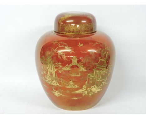 A Carlton Ware rust ground ginger jar and cover, restored cover, 30.5cm