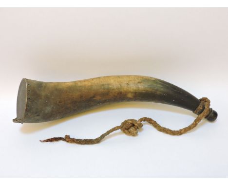 An antique horn powder horn flask, 54cm long