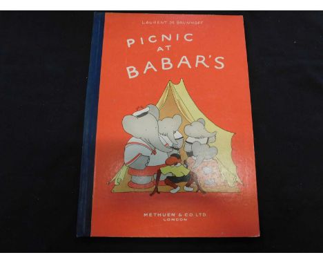 LAURENCE DE BRUNHOFF: PICNIC AT BABAR'S, London, Methuen, 1950, first edition, folio, original cloth back, pictorial boards v