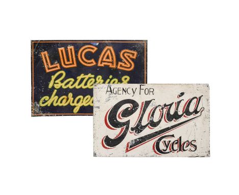 Agency for Gloria Cycles: An Aluminium Single-Sided Advertising Sign, 39.5cm by 61cm, and Lucas Batteries Changed Here: A Sin