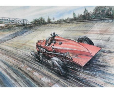 Phil May (b.1925)"Full Throttle" depicting Sir Henry (Tim) Birkin BT, taking the outer-circuit lap record to 137.96 miles per