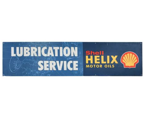 Shell Helix Motor Oils Lubrication Service: A Vintage 1980's Single-Sided Advertising Sign, made on fibreboard, 40cm by 152cm