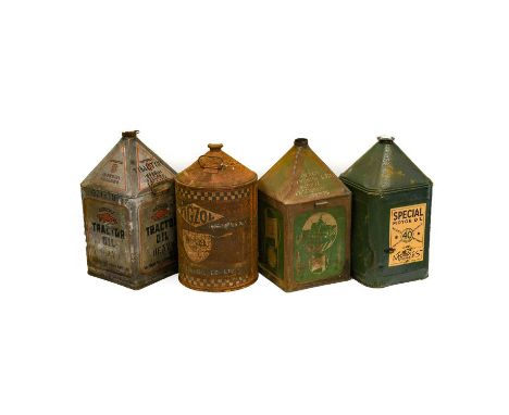 Four Vintage Oil Containers: Gargoyle 5 Gallon Acto Oil, Vigzol, Agri Castrol Tractor Oil, and Morris Special Motor Oil