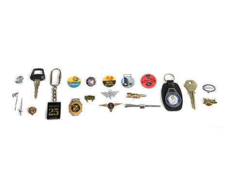 Three Veteran Chromed Metal AA Badges, mounted on a wooden plaque, and A Collection of 1930's and Later Badges and Tie Pins, 