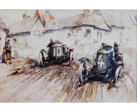 After Frederick Gordon CrosbyRichard Seaman driving his 1.5 litre DelageA reproduction print, 31cm by 34cm, and a set of thre