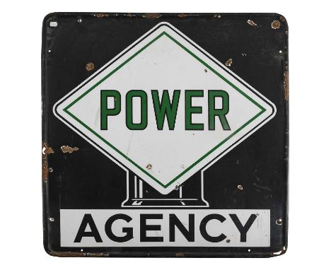 Power Agency: A Single-Sided Enamel Advertising Sign, with green and black lettering, various drill holes and corrosion, 89cm