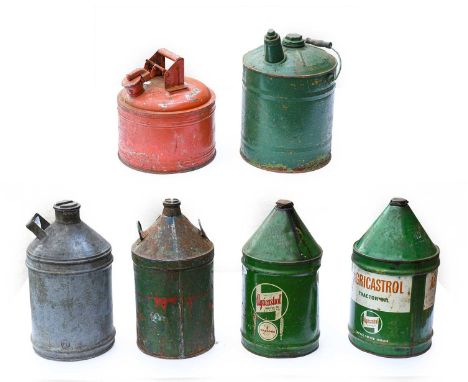 Six Assorted Agriculture Fuel Cans, to include 2x 5-gallon Agri Castrol Tractor Oil examples
