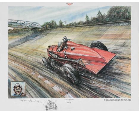 Phil May (b.1925)"Full Throttle" depicting Sir Henry (Tim) Birkin BT, taking the outer-circuit lap record, Brooklands 1932A l