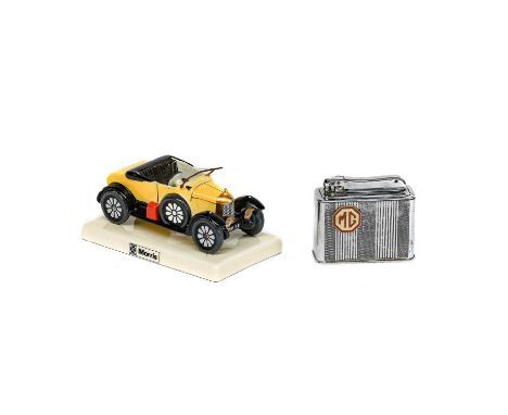 Carltonware: A China Desktop Ornament, in the form of a Morris motor car, 14cm wide, and a Vintage MG Chrome Plated Desktop C