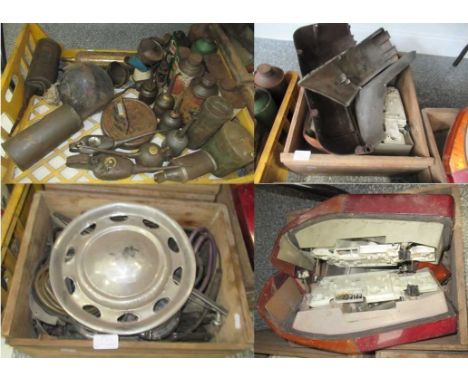 A Quantity of Vintage Oil Cans, Pourers, Various Car Spares, Rear Lights etc