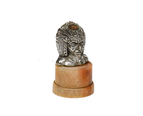 A 1920's/30's Nickel Plated Mascot, in the form of a Sioux Red Indian Chief, mounted on a later alabaster base, 7cm high