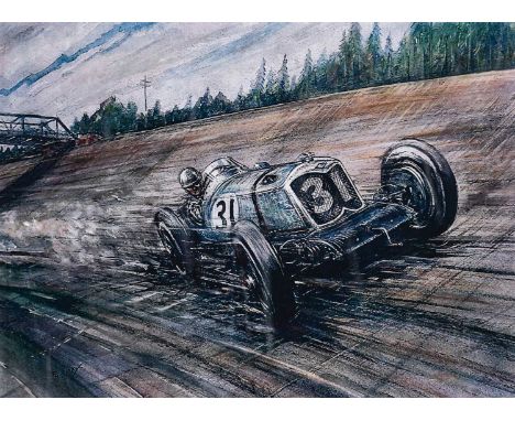 Phil May (b 1925)'Flying Freddie Dixon, Riley, Lap Record at Brooklands 1934', colour print, signed artist's proof, 30cm by 4