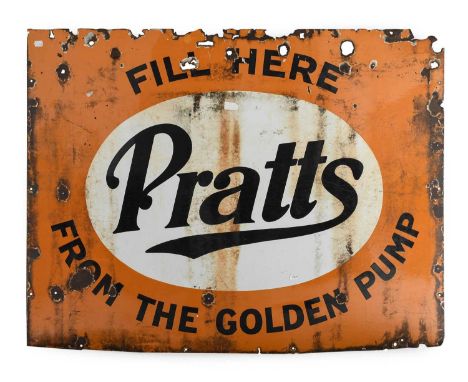 Pratts Fill Here from the Golden Pump: A Single-Sided Enamel Advertising Sign, with black lettering, various corrosion, 91cm 