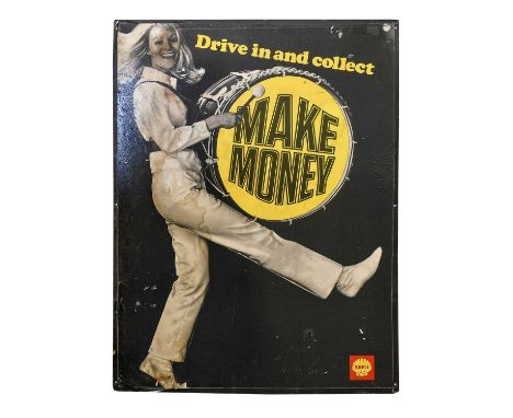 Shell Drive In and Collect Make Money: A Late 1960`s Plywood Advertising Sign, modelled as a female with a drum, 102cm by 76c