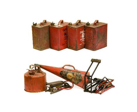 Four Vintage Red Painted Oil Cans, Three Vintage Foot Pumps, including a Kismet Baby, Desmo and W&amp;D, a Minimax Type A Fir