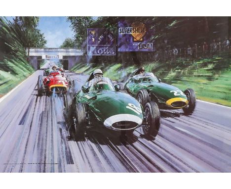 After Nicholas WattsBritish Racing Green, with Stirling Moss, Tony Brooks and Frank CostinA limited edition colour print sign