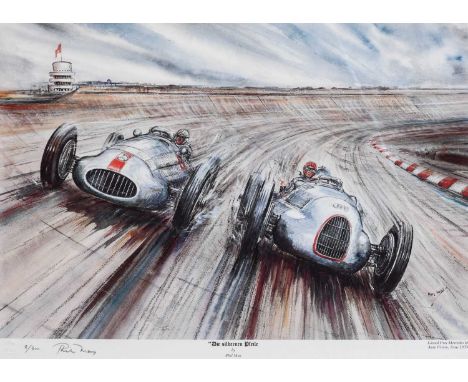 Phil May (b.1925)"Die Siberien Pfeile" Grand Prix Mercedes and Auto Union, Avus 1939A limited edition colour print, signed an