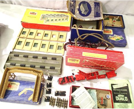 Hornby Dublo Crane, parts of engine shed, footbridge, level crossing controller, signals, selection of track and points etc, 