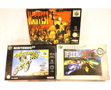 Three Nintendo 64 games, Body Harvest, F-Zero X and Excitebike 4. All cartridges present, Body Harvest missing book/manual. P