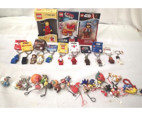 Three Lego LED key lights, plus eleven Lego keyrings, also other figurines, Sonic etc. P&amp;P Group 1 (£14+VAT for the first
