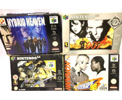Four Nintendo 64 games, Golden Eye 007, Killer Instinct Gold, Hybrid Heaven and International Soccer 98. All cartridges prese