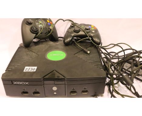 Original Xbox console with two controllers and associated leads, boxed. P&amp;P Group 3 (£25+VAT for the first lot and £5+VAT