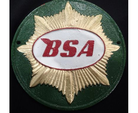 A BSA cast iron replica wall plaque, D: 24 cm. P&amp;P Group 2 (£18+VAT for the first lot and £3+VAT for subsequent lots) 