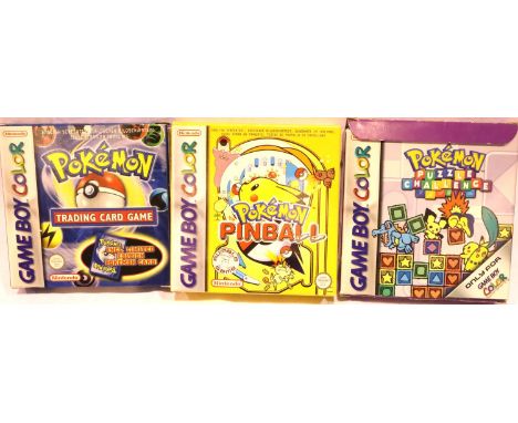 Three Gameboy Color Games; Pokemon Puzzle Challenge, Pokemon Pinball and Pokemon Trading Card Game, all cartridges present. P