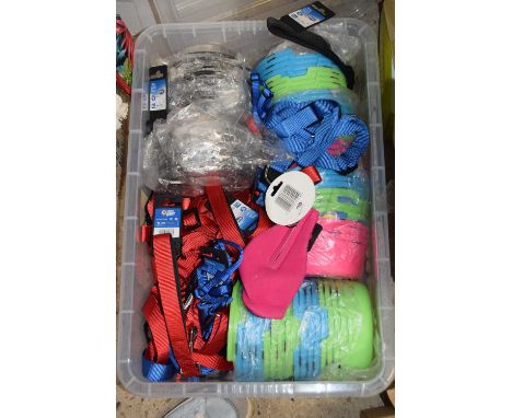 Box containing a quantity of dog bowls for water and food plus a quantity of step in harnesses and short leashes