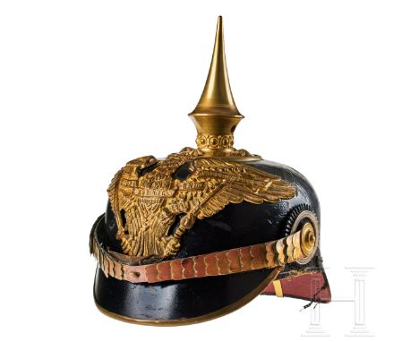 'A helmet for Prussian Line Grenadier Officers Black lacquered leather body; front visor with green underlay, rear visor with