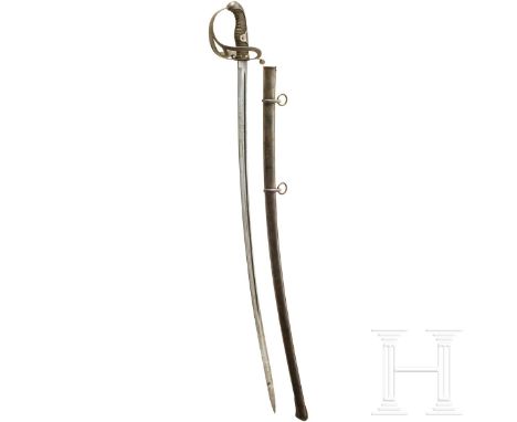 Korbsäbel M 52 der Kavallerie mit Gravur, datiert 1860 Eigentumsstück. Leicht gekrümmte, schlanke Rückenklinge (ungemarkt, et